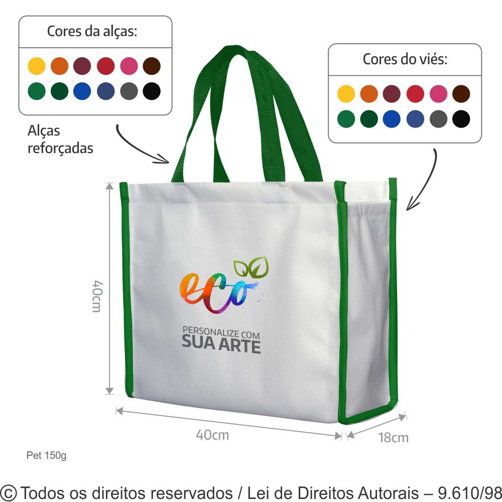 SM573 SACOLA DE PET 150G 40X40X18CM BRANCO COM VERDE BANDEIRA