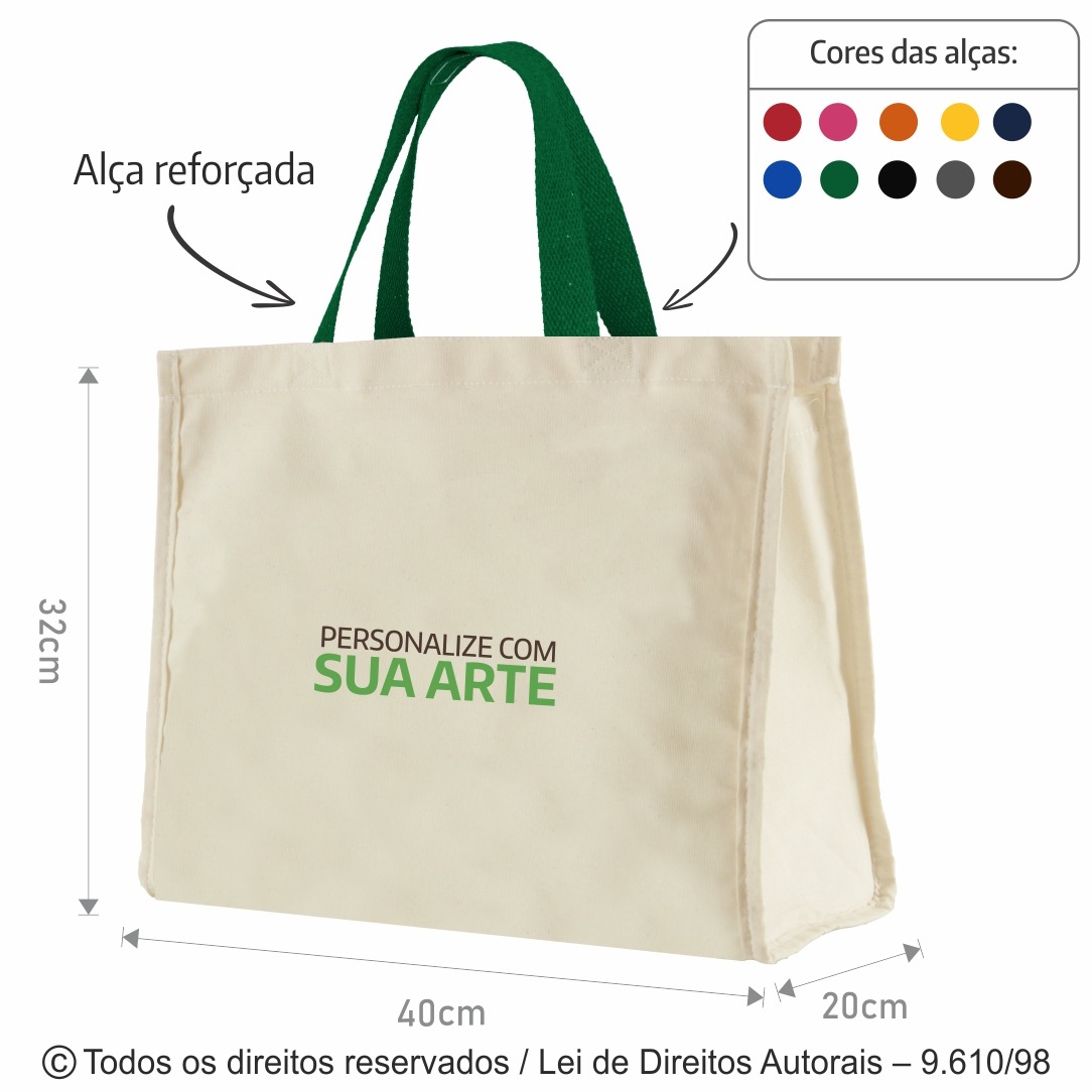 12LFC SACOLA DE LONA 240G 40X32X20CM NATURAL COM VERDE BANDEIRA
