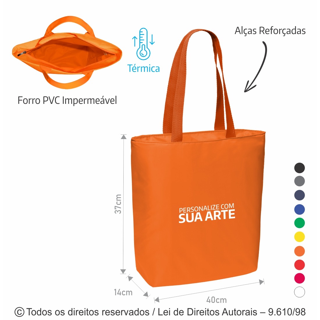 128N SACOLA TERMICA 10 LITROS EM NYLON 70 RESINADO 40X37X14CM  LARANJA
