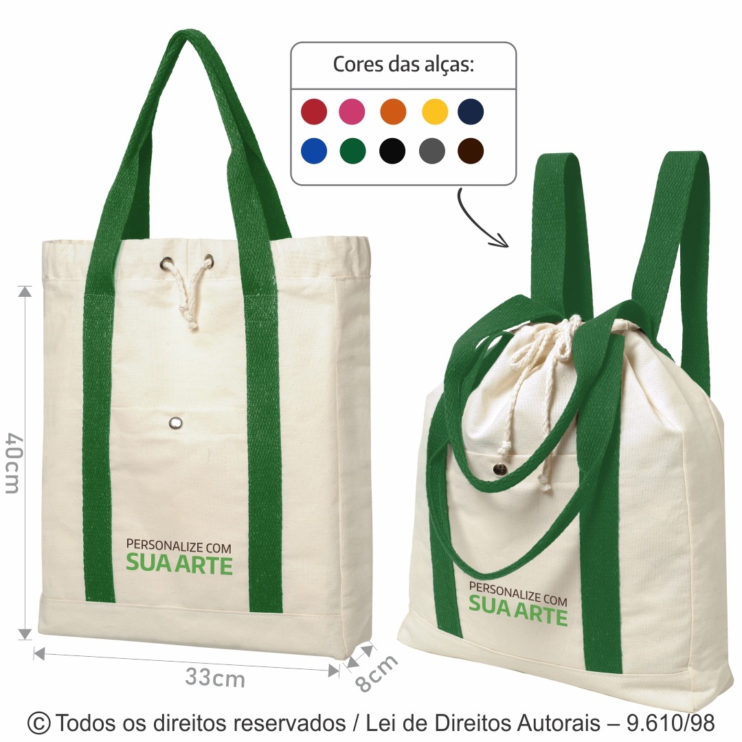 40LFC BOLSA MOCHILA 2 EM 1 EM LONA 240G 33X40X8CM NATURAL COM VERDE BANDEIRA