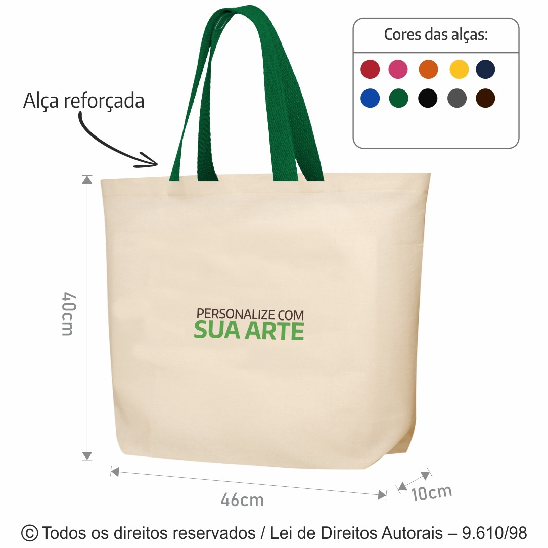 2LFC SACOLA DE LONA 240G 46X40X10CM NATURAL COM VERDE BANDEIRA