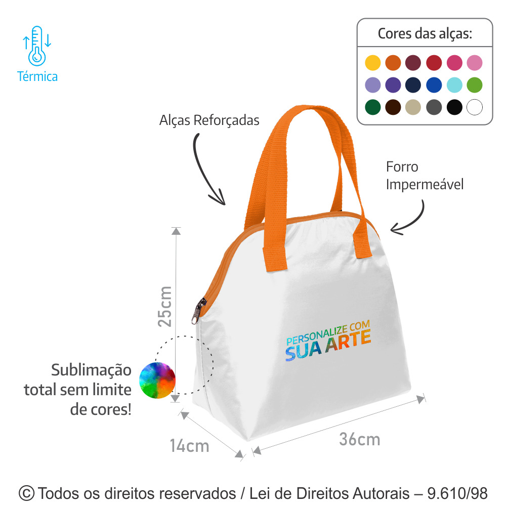 135PL SACOLA TERMICA 3,5 LITROS EM POLIESTER 301 36X25X14CM BRANCO COM LARANJA