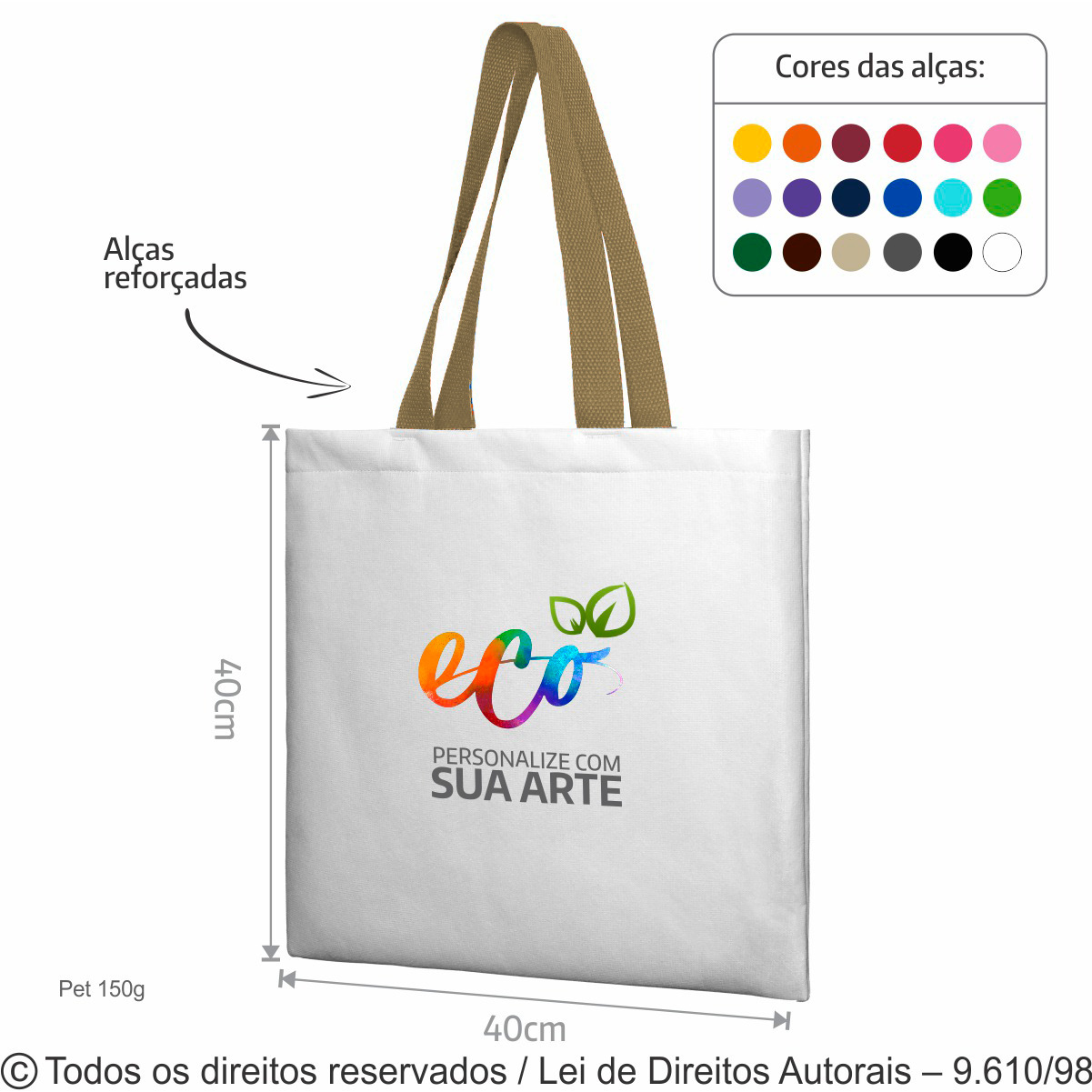 5PFC SACOLA DE PET 150G 40X40CM BRANCO COM RAMI