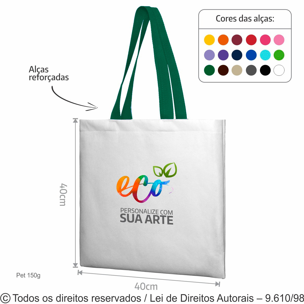 5PFC SACOLA DE PET 150G 40X40CM BRANCO COM VERDE BANDEIRA