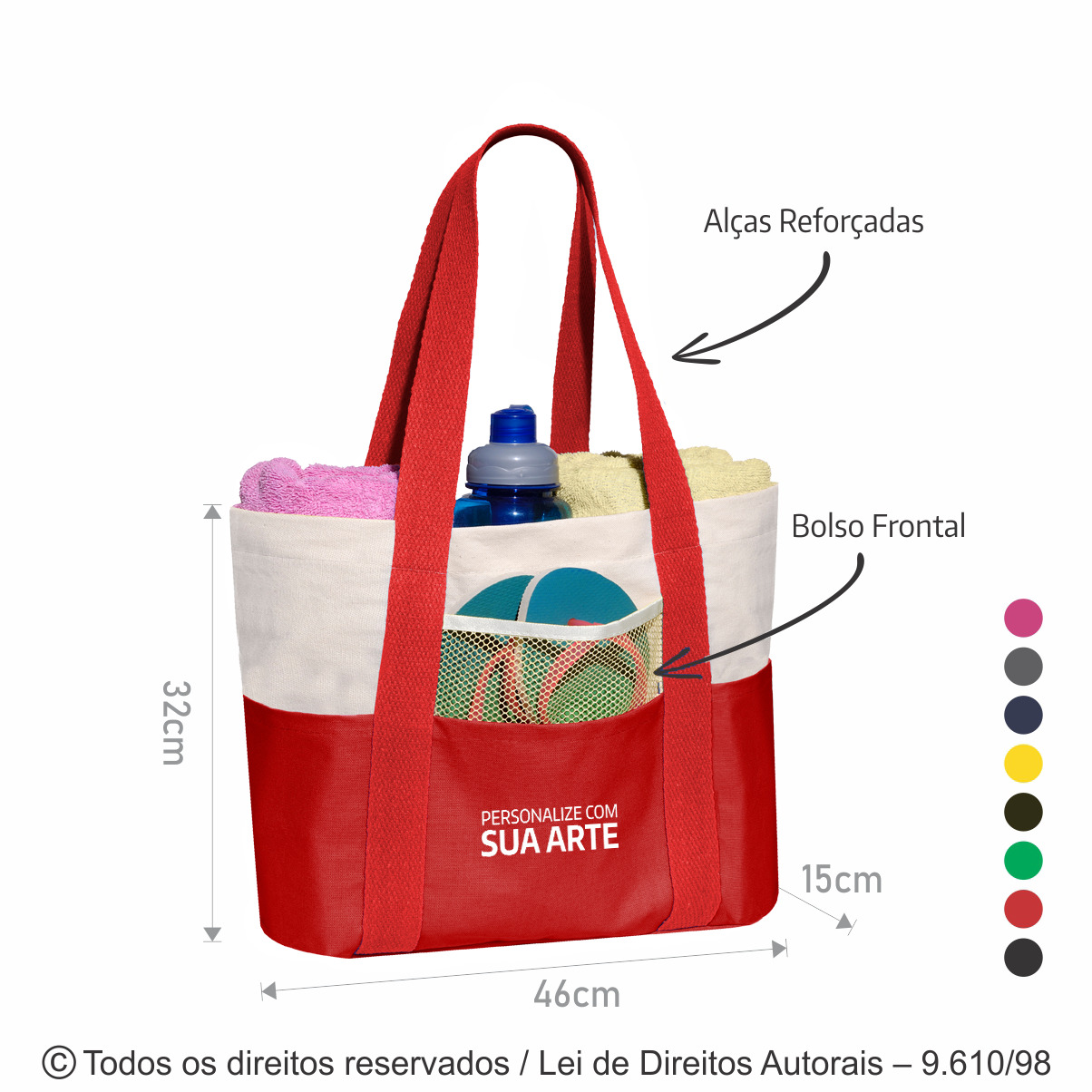 125LC SACOLA DE PRAIA DE LONA 240G 46X32X15CM NATURAL COM VERMELHO