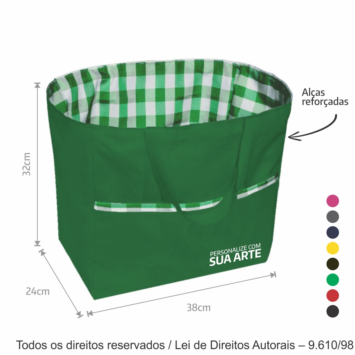 152LC BOLSA DE PIQUENIQUE LONA 240G 37X32X24CM VERDE COM XADREZ VERDE BANDEIRA