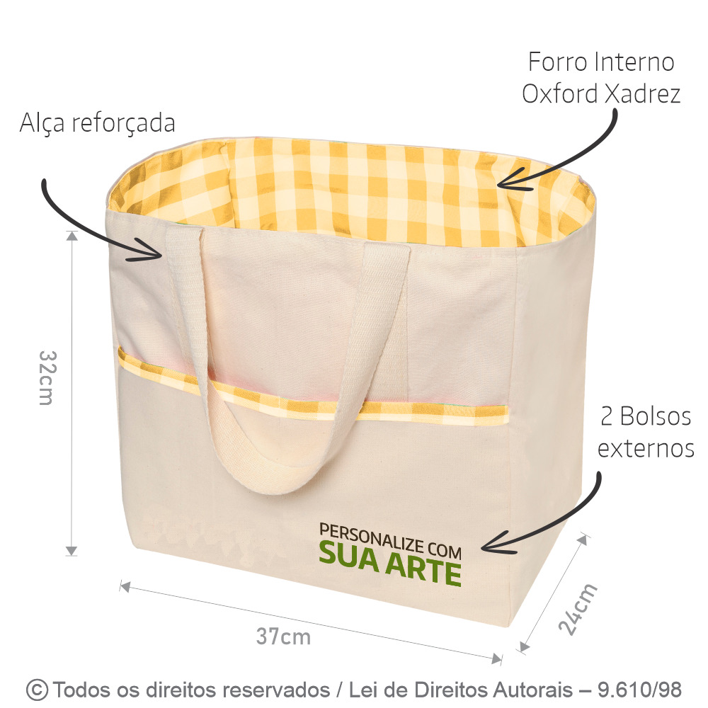 152L BOLSA DE PIQUENIQUE LONA 240G 37X32X24CM NATURAL COM  XADREZ AMARELO