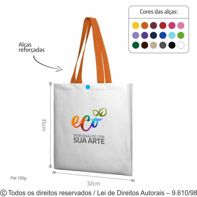 280PL SACOLA DE POLIESTER 32X35CM BRANCO COM LARANJA BOTAO AZUL TURQUEZA