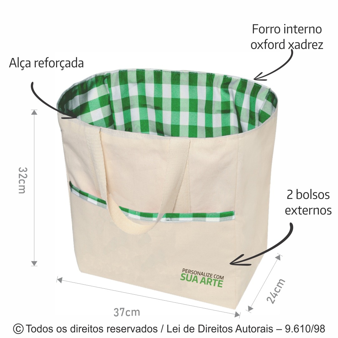 152L BOLSA DE PIQUENIQUE LONA 240G 37X32X24CM NATURAL COM XADEZ VERDE BANDEIRA