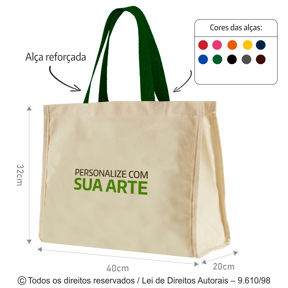 SM12 SACOLA DE LONA 240G 40X32X20CM NATURAL COM VERDE BANDEIRA