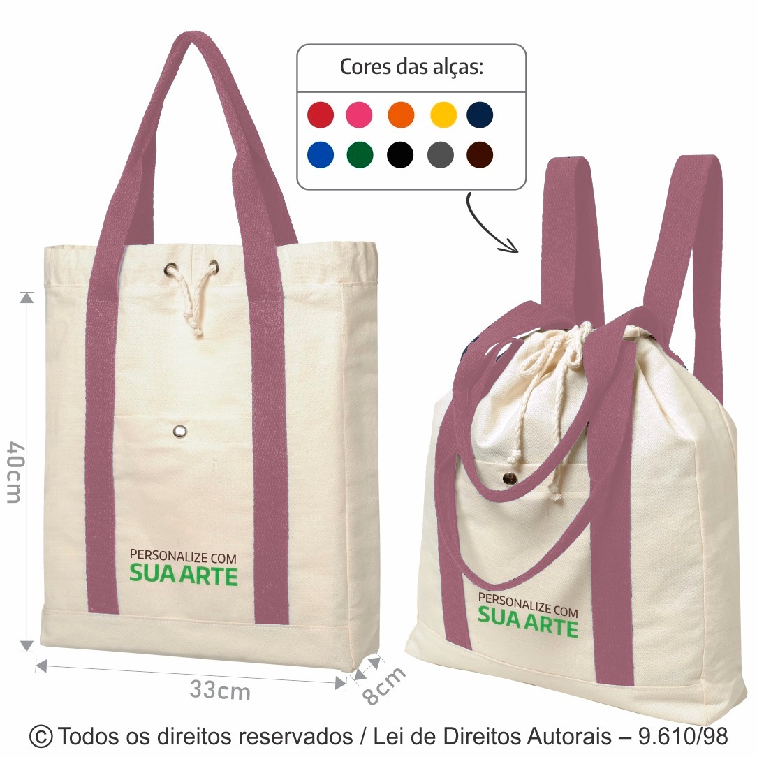 40LFC BOLSA MOCHILA 2 EM 1 EM LONA 240G 33X40X8CM NATURAL COM ROSA CHA
