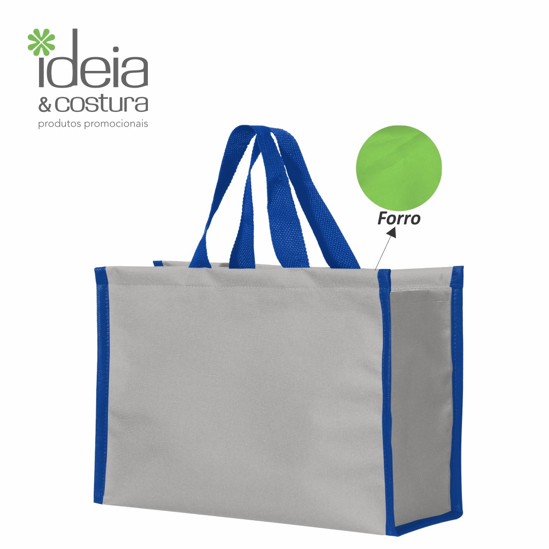SM436 SACOLA DE NYLON 600G COM FORRO EM NYLON 70 40X32X20CM CINZA CLARO COM AZUL ROYAL