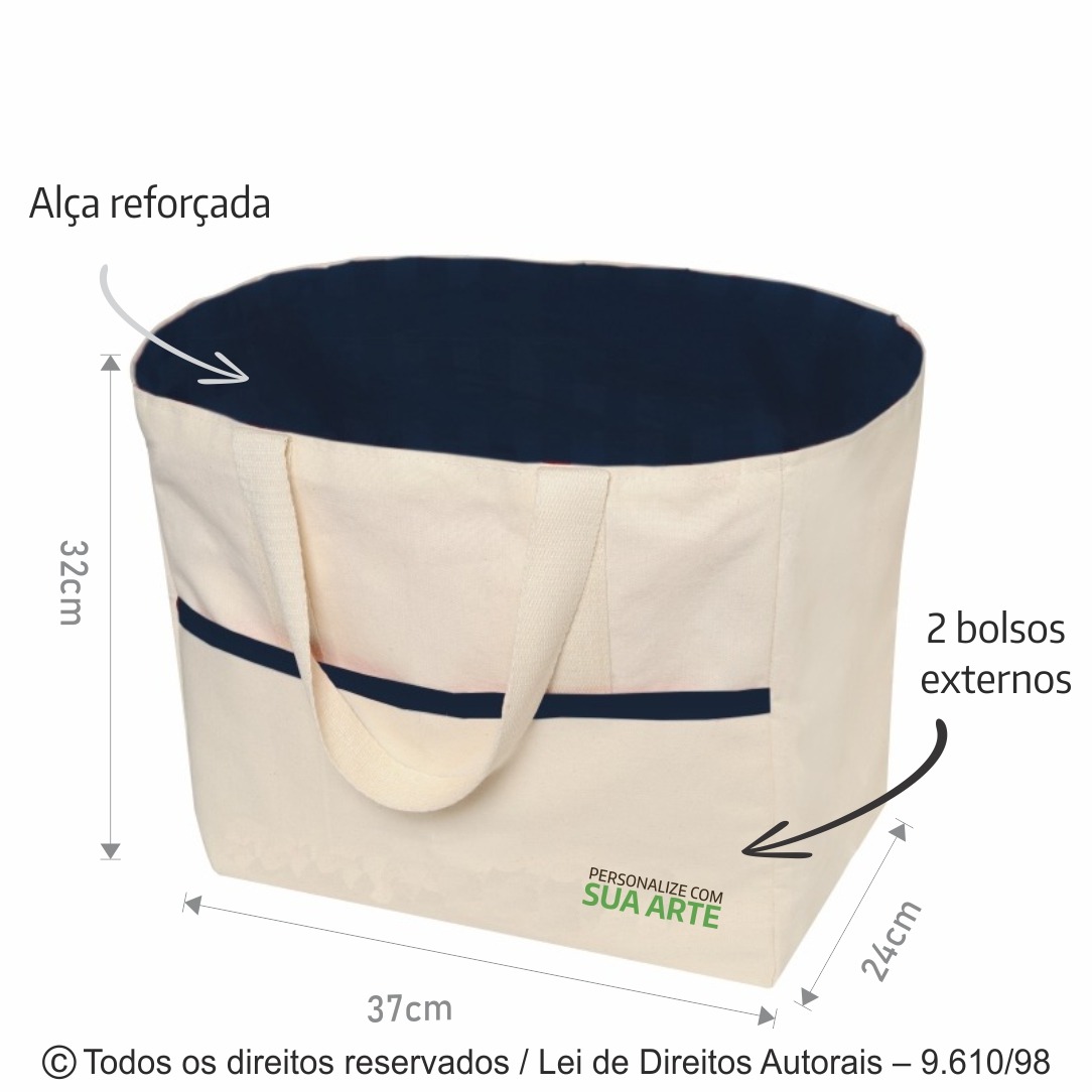152L BOLSA DE PIQUENIQUE LONA 240G 37X32X24CM NATURAL COM AZUL MARINHO