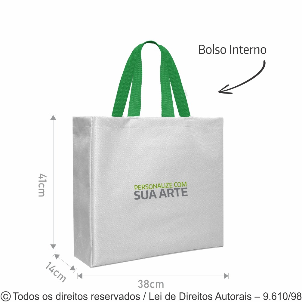 SM508 SACOLA DE NYLON 600G DUBLADA 38X41X14CM BRANCO COM VERDE BANDEIRA