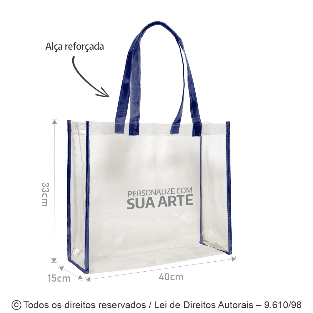 SM580 SACOLA DE PVC 040 40X33X15CM CRISTAL COM AZUL MARINHO