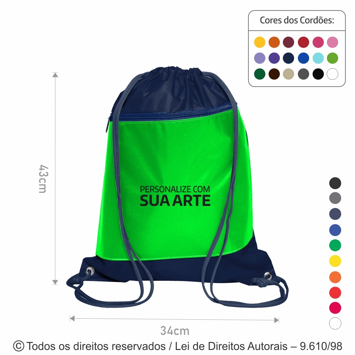 M11 MOCHILA DE NYLON 70 EMBORRACHADO 34X43CM AZUL MARINHO COM VERDE ALFACE