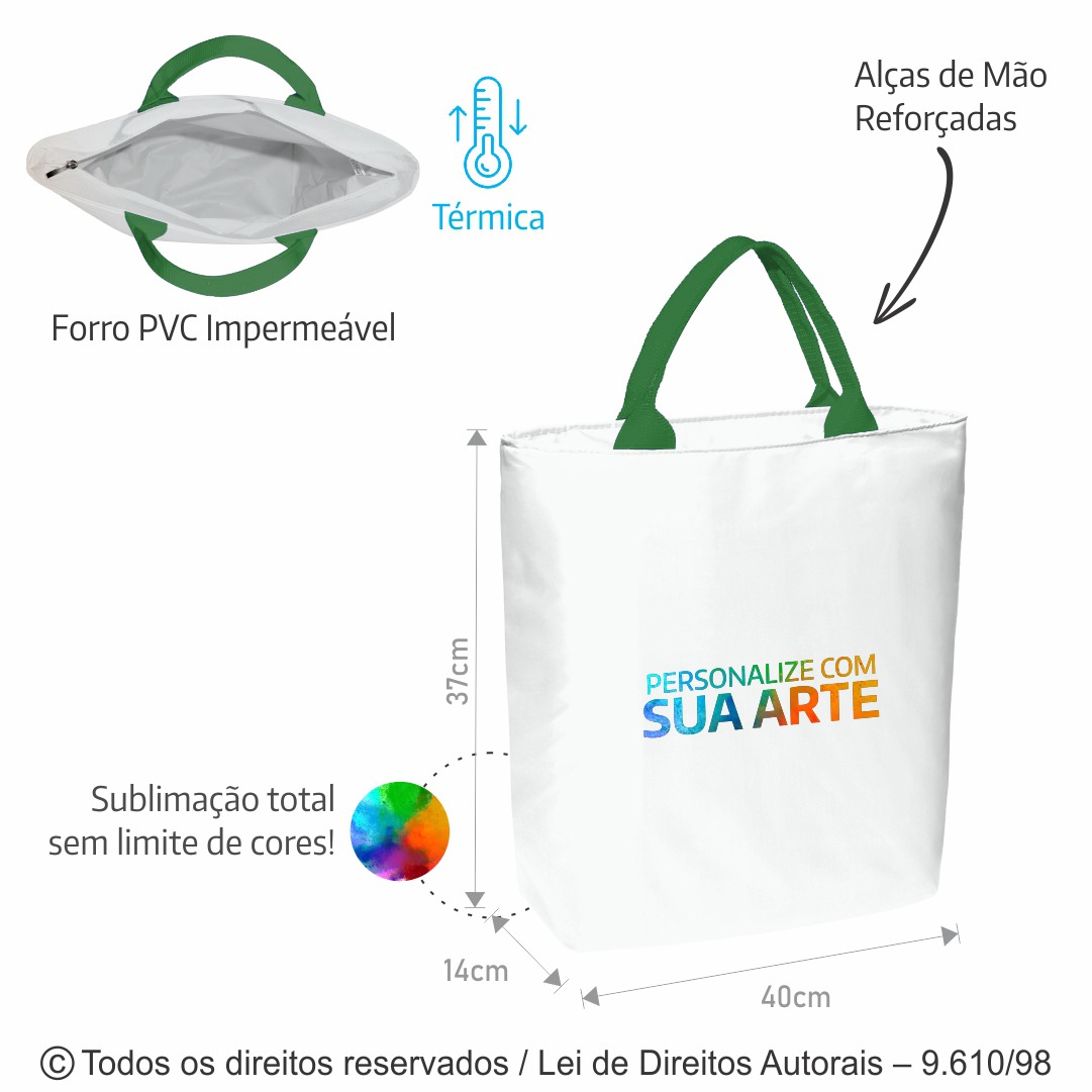 128PL SACOLA TERMICA 10 LITROS POLIESTER 301 40X37X14CM BRANCO COM VERDE BANDEIRA