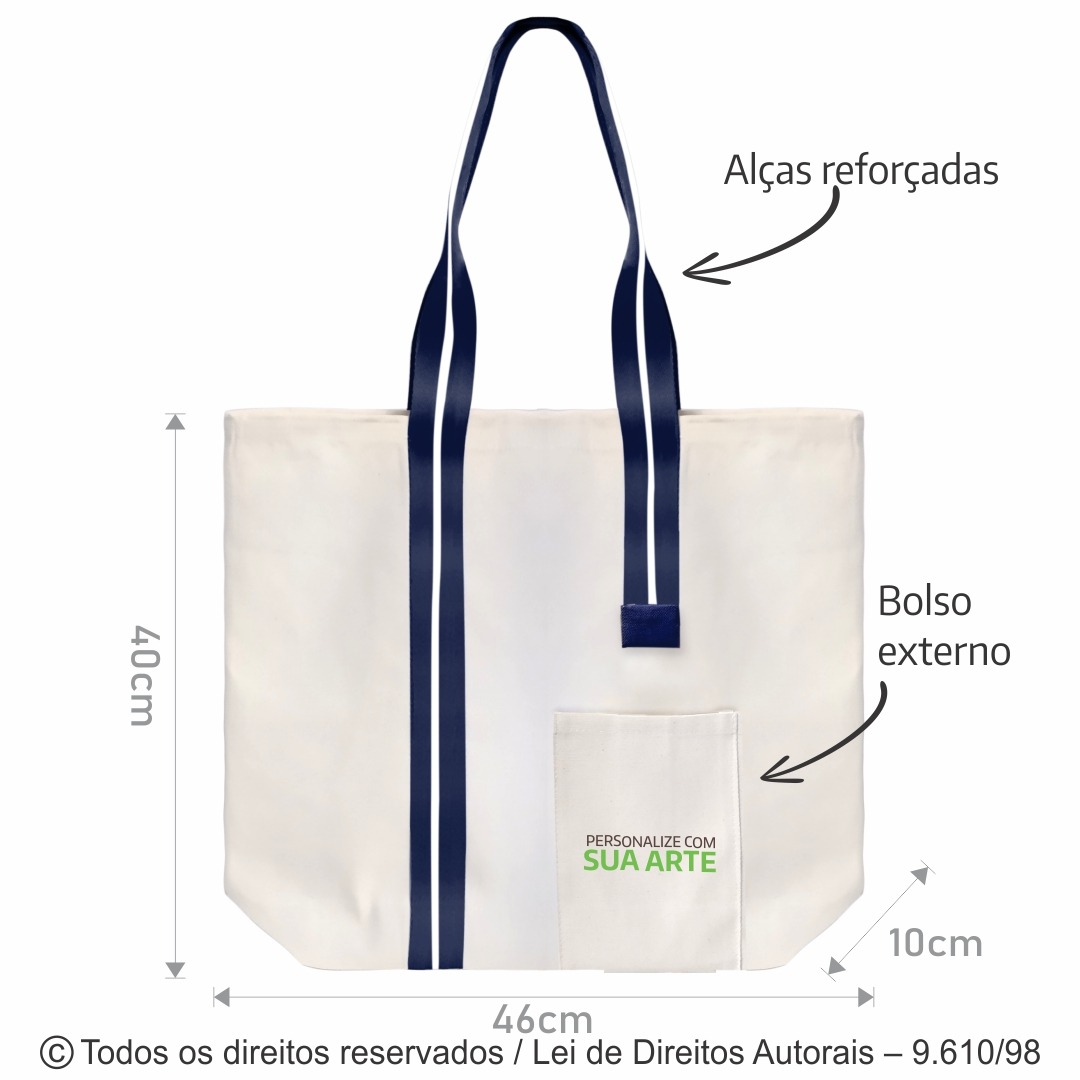237L SACOLA DE LONA 240G 46X40X10CM NATURAL BICOLOR AZUL MARINHO COM BRANCO