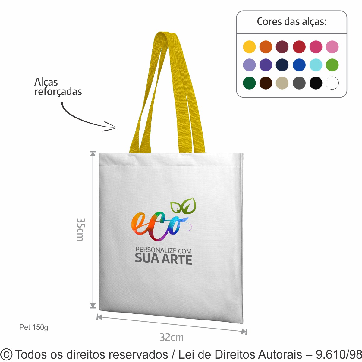 14PFC SACOLA DE PET 150G 32X35CM BRANCO COM AMARELO