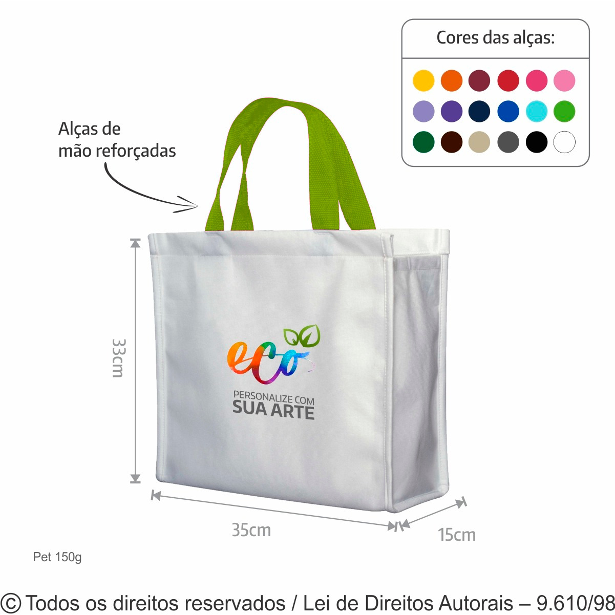 3PFC SACOLA DE PET 150G  35X33X15CM BRANCO COM VERDE MACA