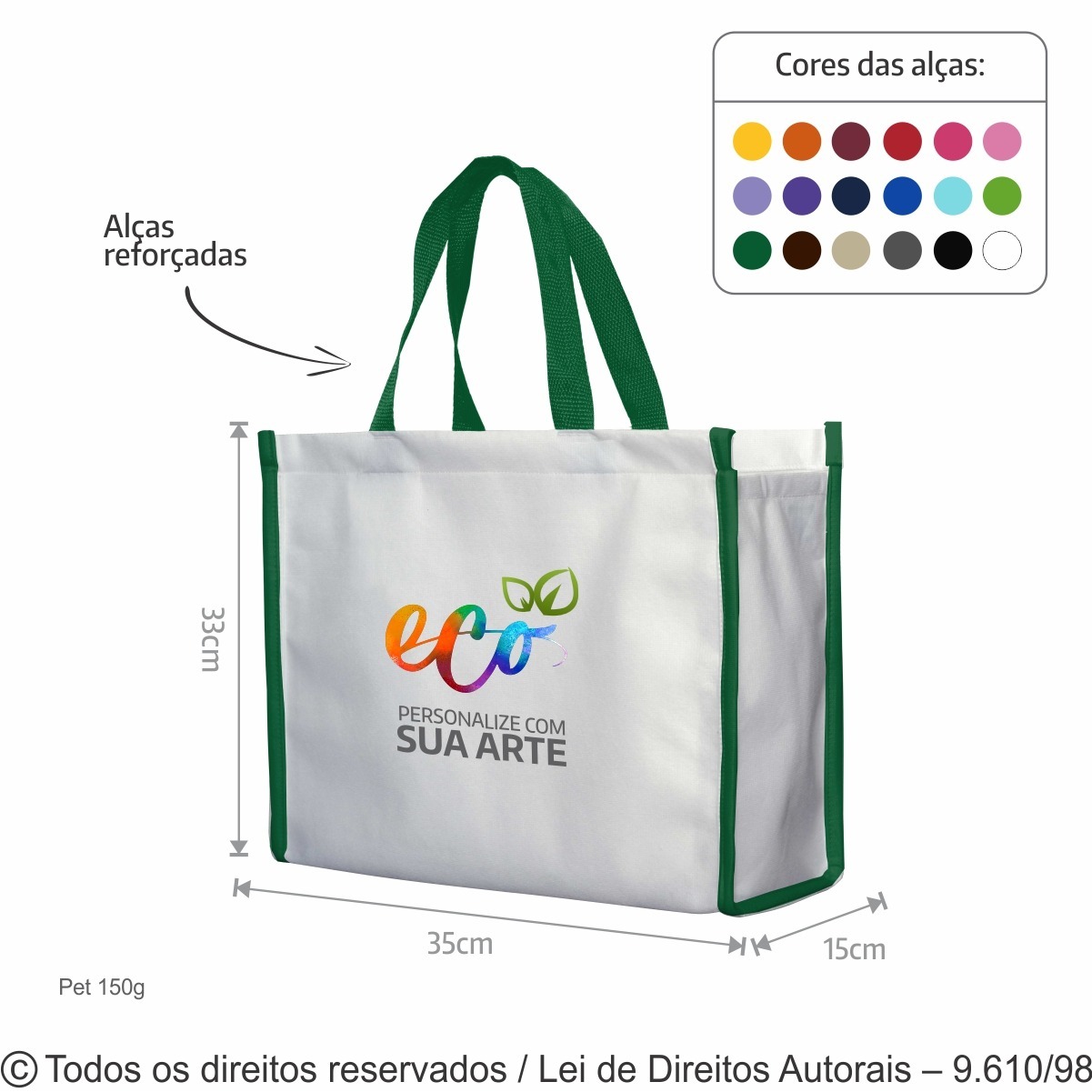 SM515 SACOLA DE PET 150G 35X33X15CM BRANCO COM VERDE BANDEIRA