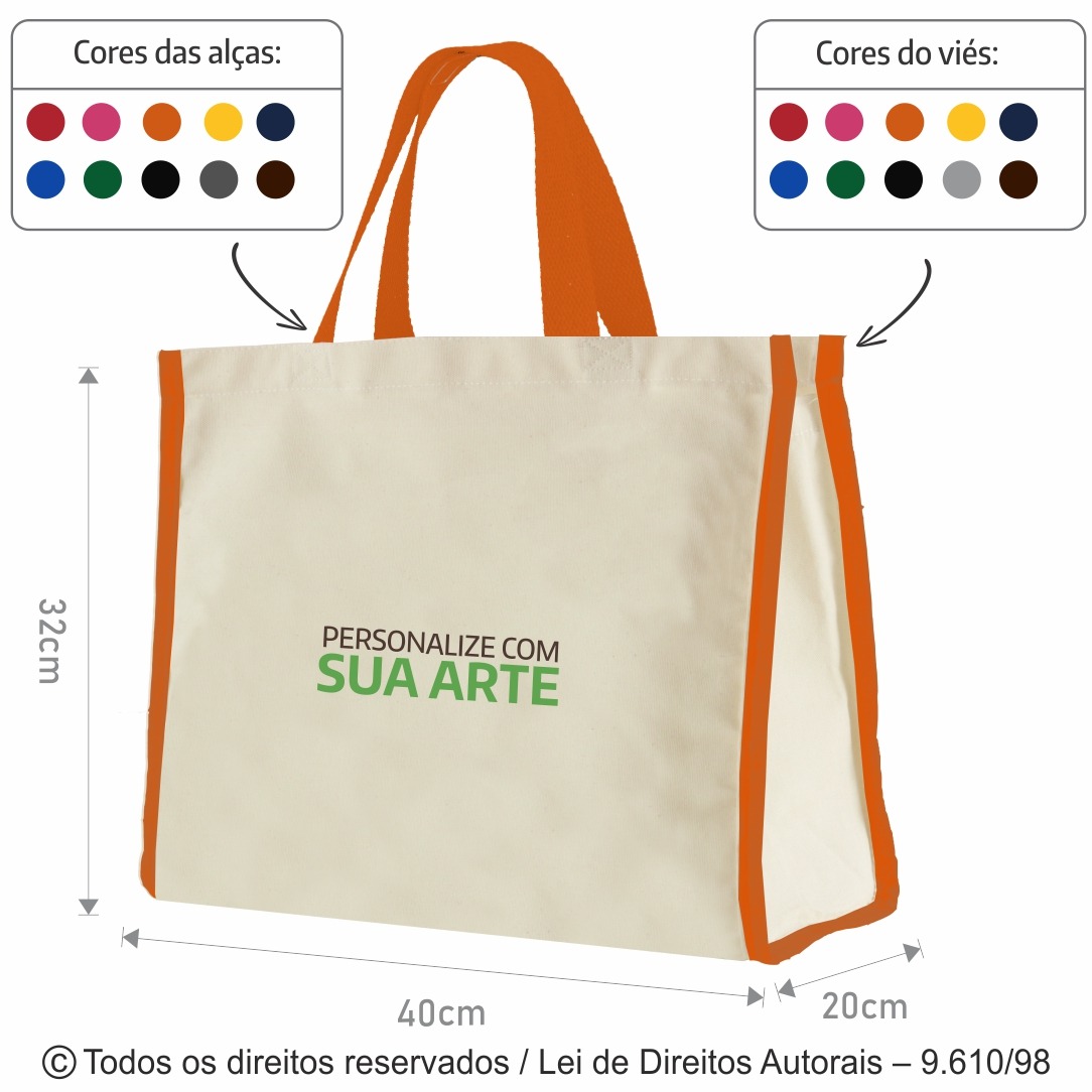 12LFCDC SACOLA DE LONA 240G 40X32X20CM NATURAL COM LARANJA