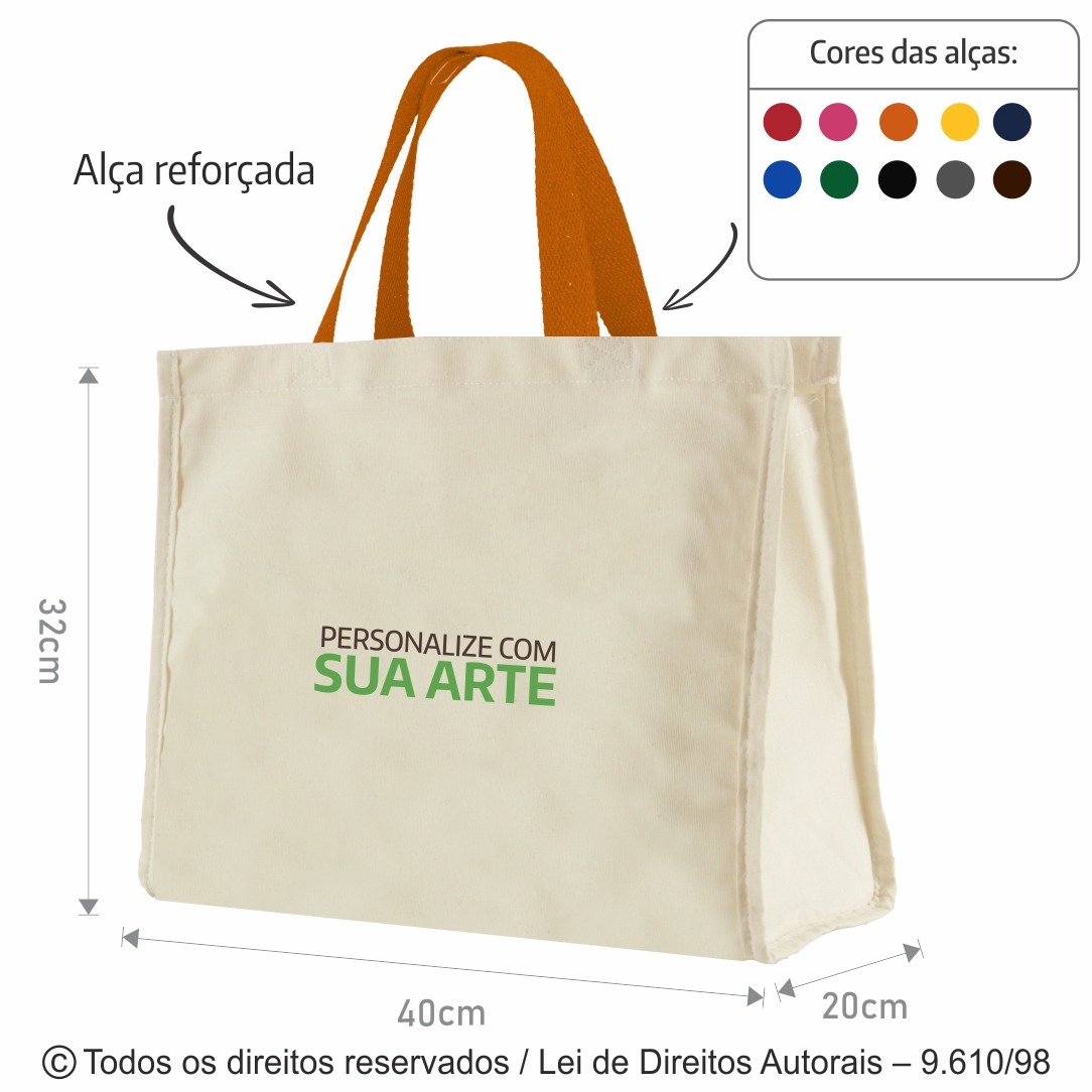 12LFC SACOLA DE LONA 240G 40X32X20CM NATURAL COM LARANJA