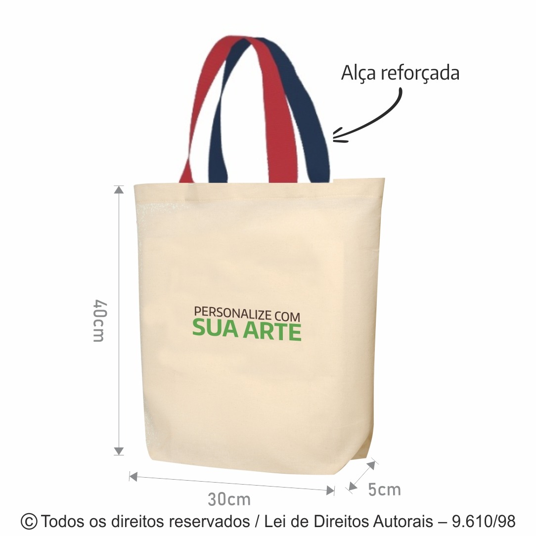 171AFC SACOLA DE ALGODAO 160G 30X40x5CM NATURAL COM VERMELHO E AZUL MARINHO