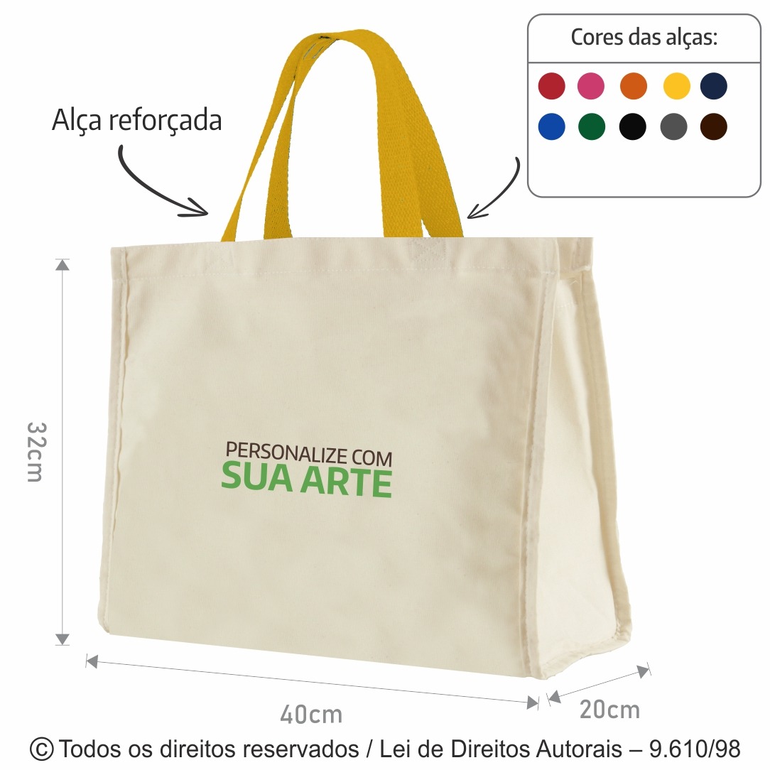 12LFC SACOLA DE LONA 240G 40X32X20CM NATURAL ALÇA MOSTARDA 46CM
