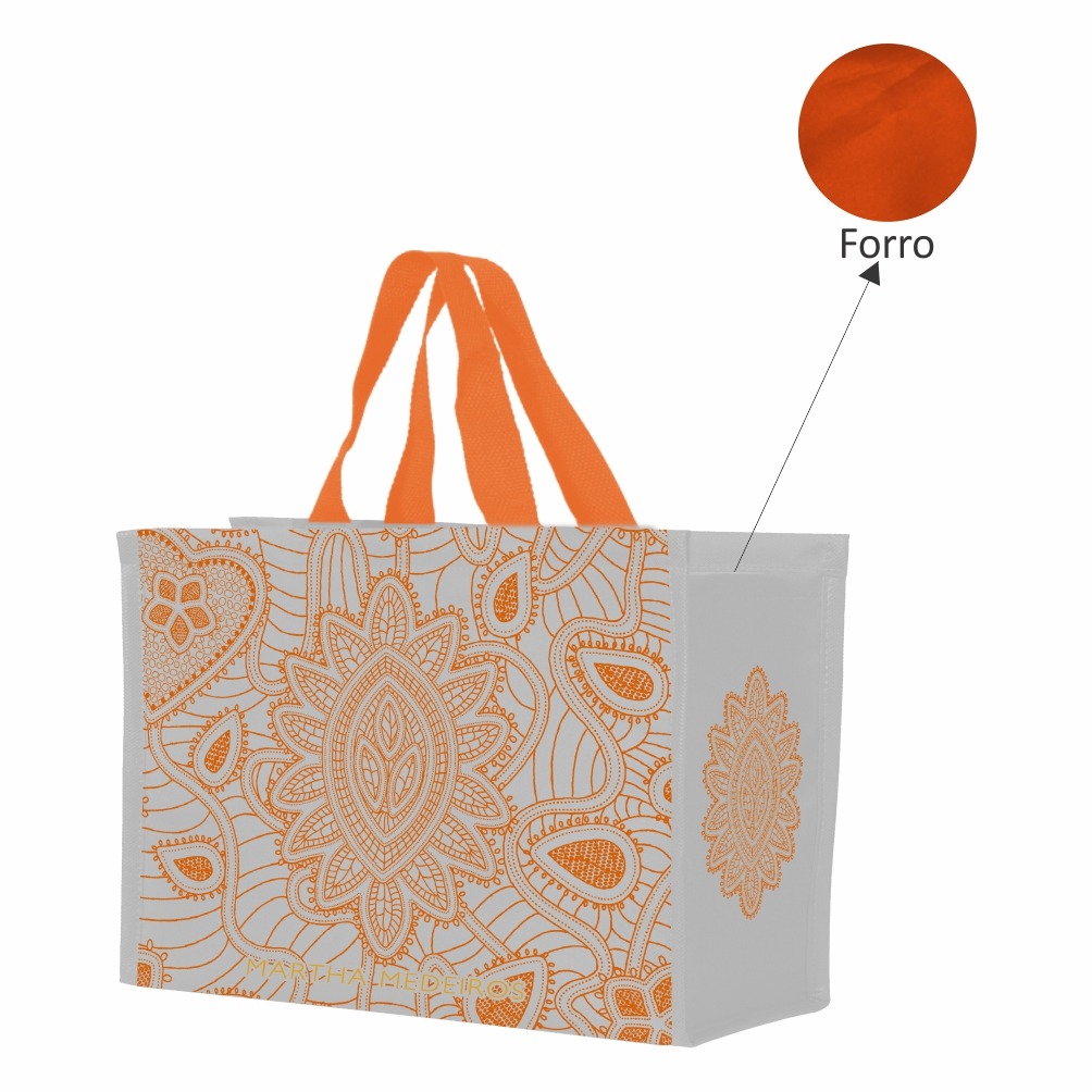 SM436 SACOLA DE NYLON 600G COM FORRO EM NYLON 70 40X32X20CM CINZA CLARO COM LARANJA