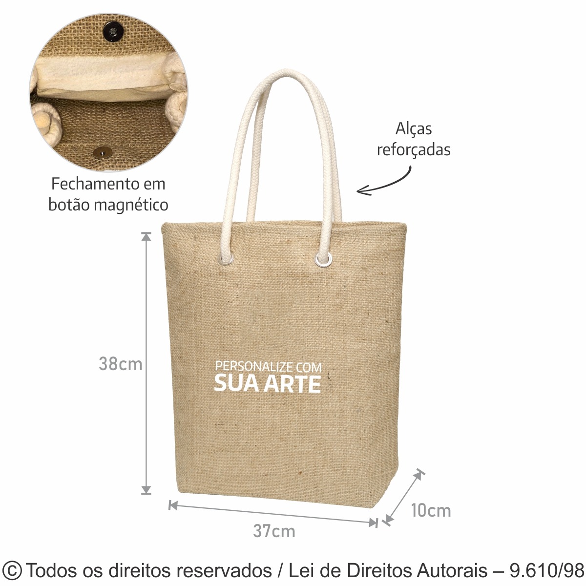 208J-F9 SACOLA DE JUTA F9 C/FORRO DE ALGODAO 37X38X10CM NATURAL