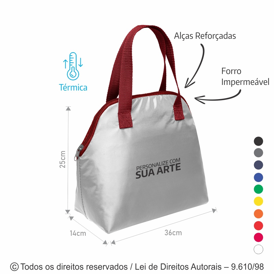 135N SACOLA TERMICA 3,5 LITROS EM NYLON 70 RESINADO 36X25X14CM BRANCO COM VERMELHO