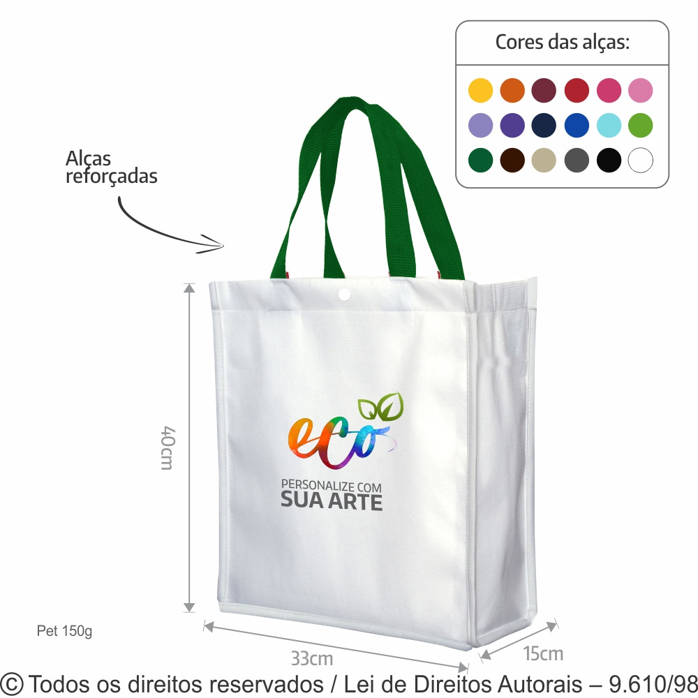 SM555 SACOLA DE PET 150G 33X40X15CM BRANCO COM VERDE BANDEIRA