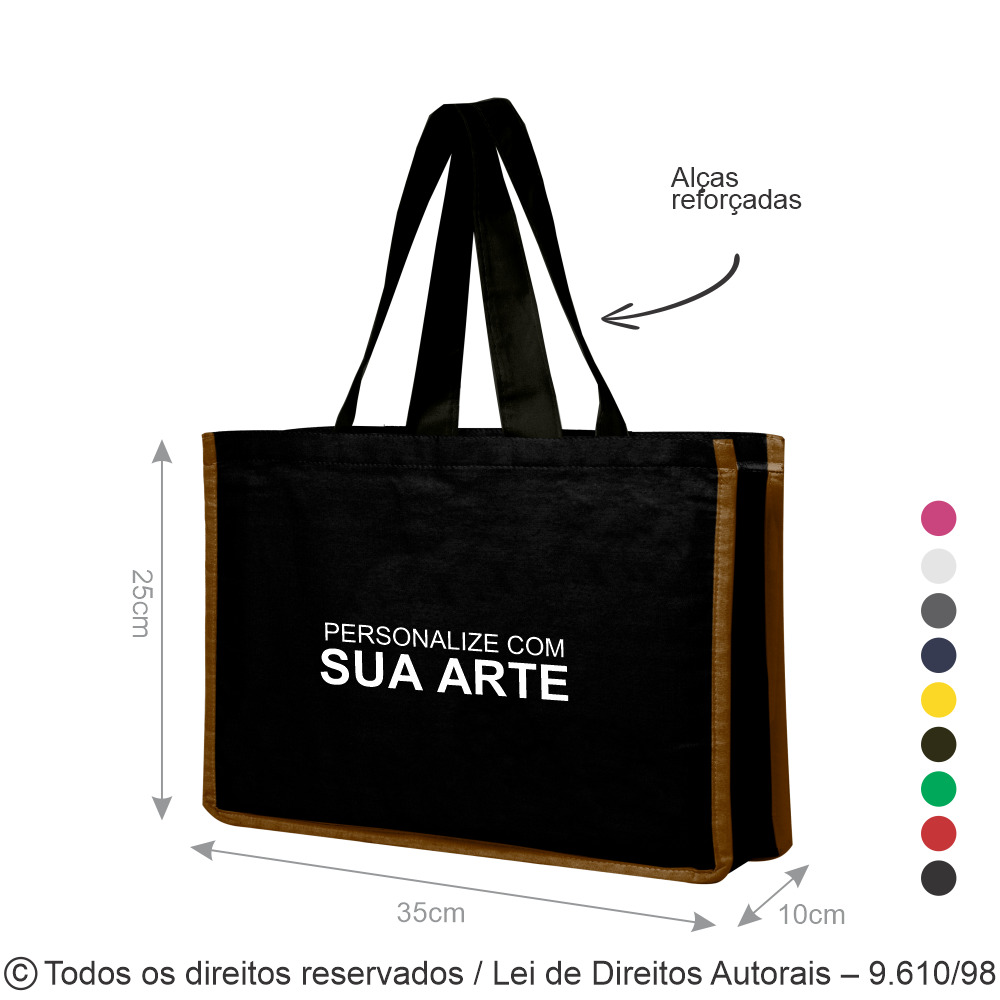 SM588 SACOLA DE LONA COLORIDA 35X25X10CM PRETO COM VIES BEGE