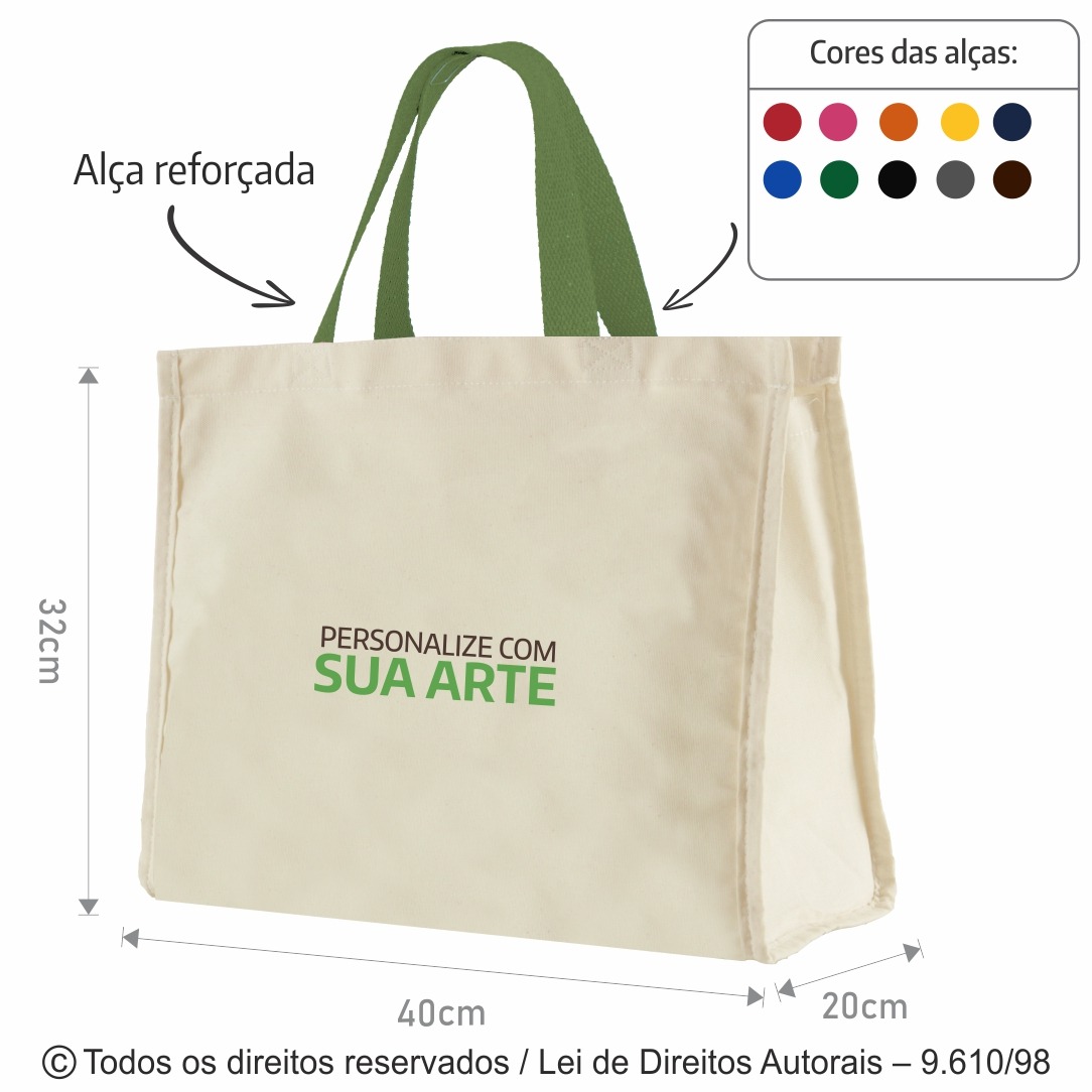 12LFC SACOLA DE LONA 240G 40X32X20CM NATURAL COM VERDE MUSGO