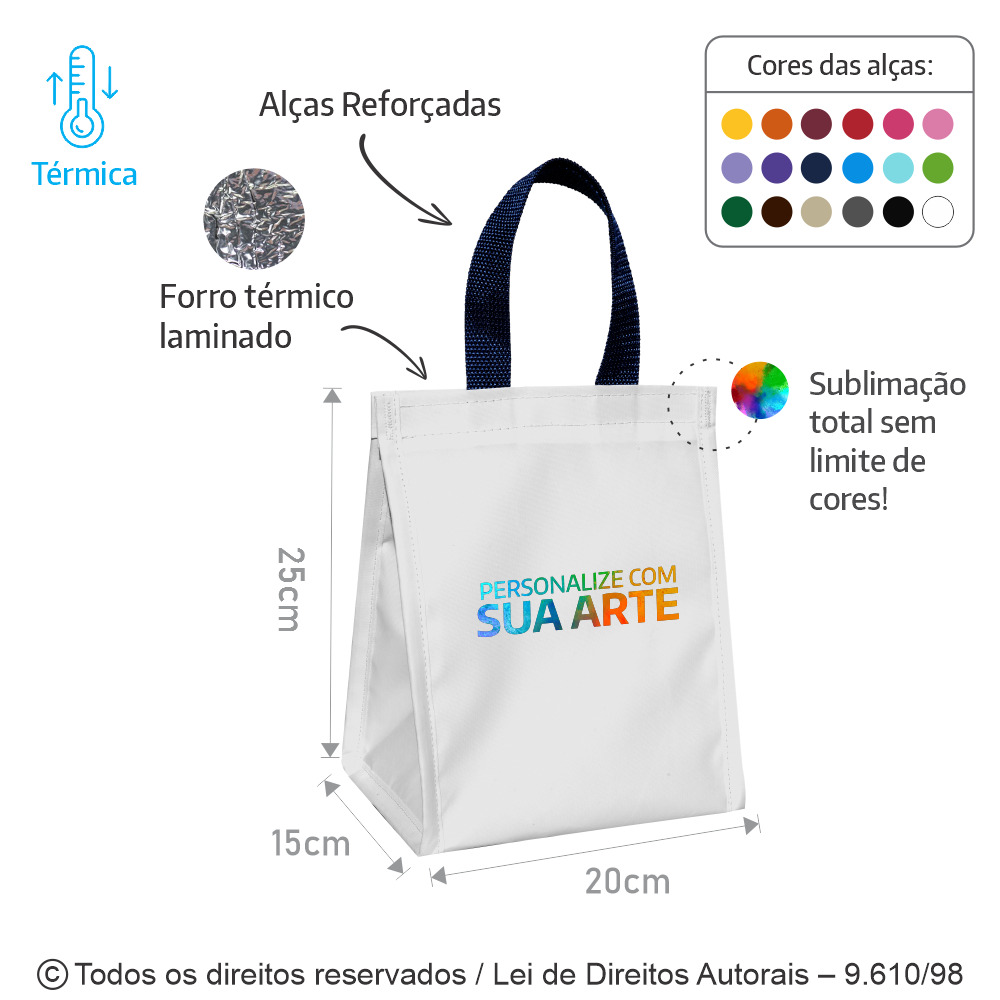 339PL SACOLA TERMICA 7 LITROS EM POLIESTER 20x25x15CM BRANCO COM AZUL MARINHO