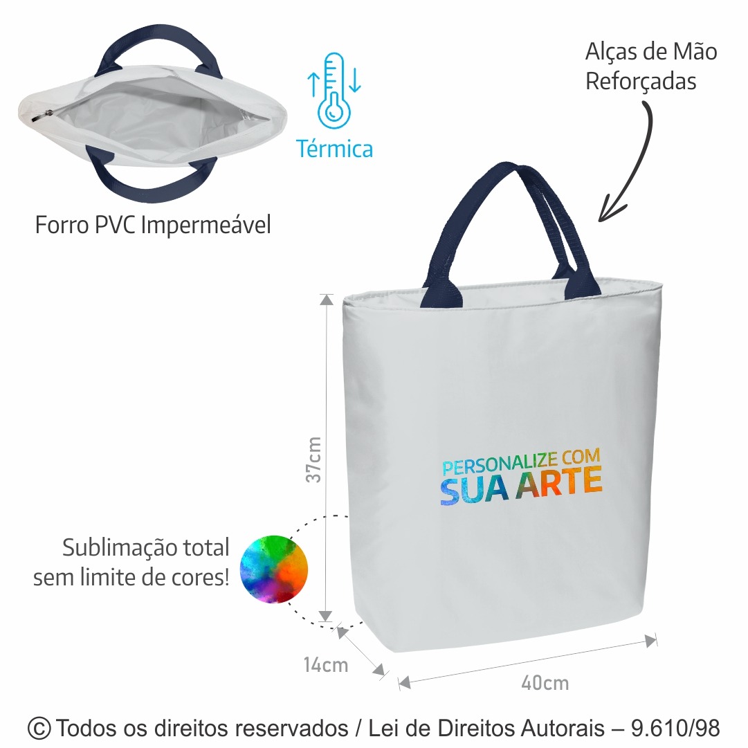 128PL SACOLA TERMICA 10 LITROS POLIESTER 301 40X37X14CM BRANCO COM AZUL MARINHO