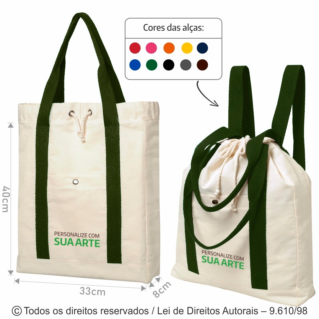 40LFC BOLSA MOCHILA 2 EM 1 EM LONA 240G 33X40X8CM NATURAL COM VERDE MUSGO