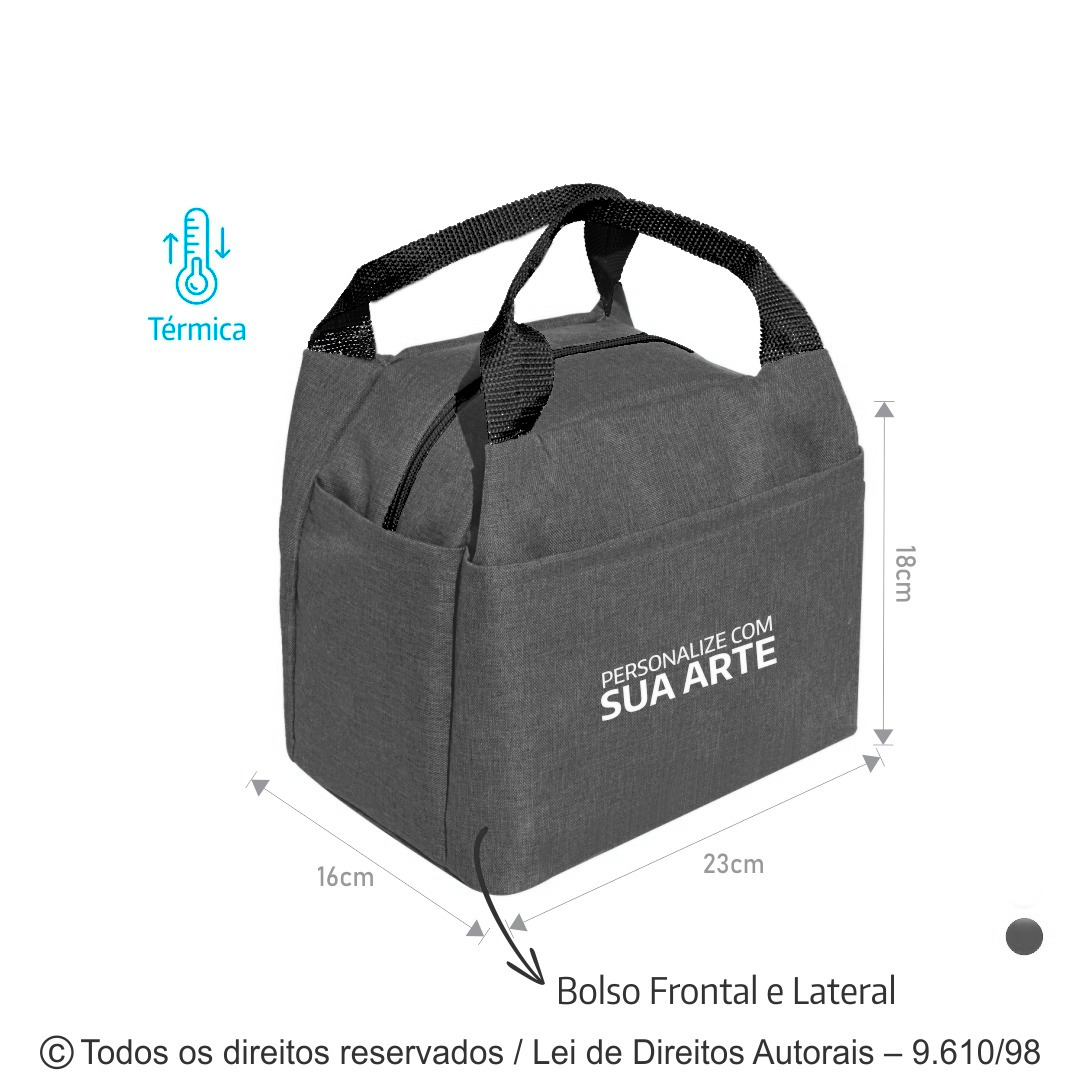 275M BOLSA TERMICA TECIDO MESCLA 23X20X16CM CINZA ESCURO COM PRETO