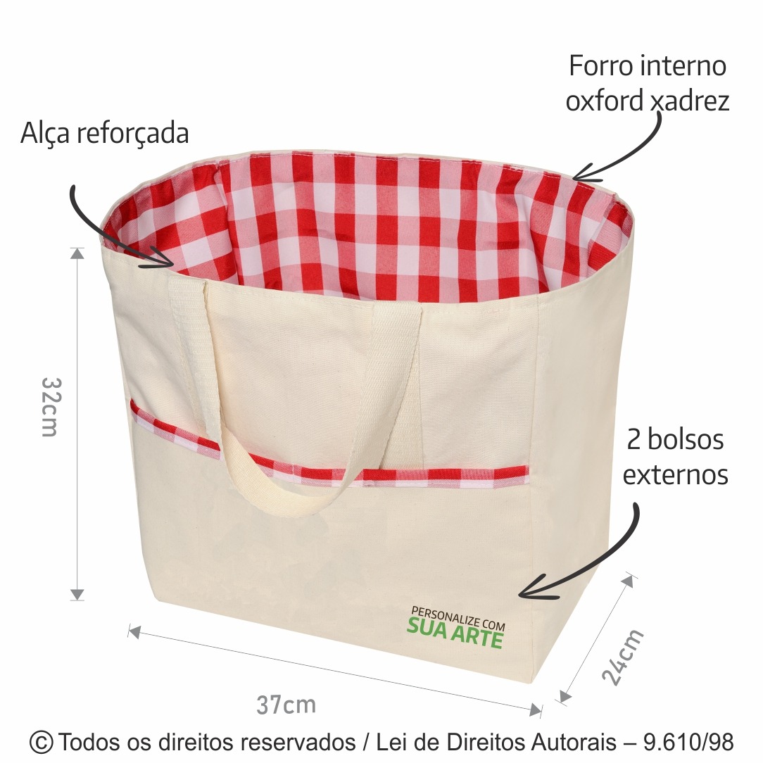 152L BOLSA DE PIQUENIQUE LONA 240G 37X32X24CM NATURAL COM XADREZ VERMELHO