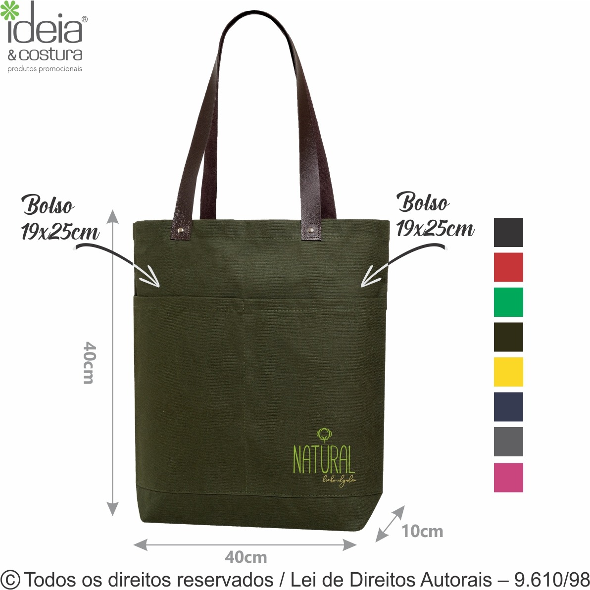 11LC SACOLA DE LONA COLORIDA 40X40X10CM VERDE MILITAR COM MARROM CAFE
