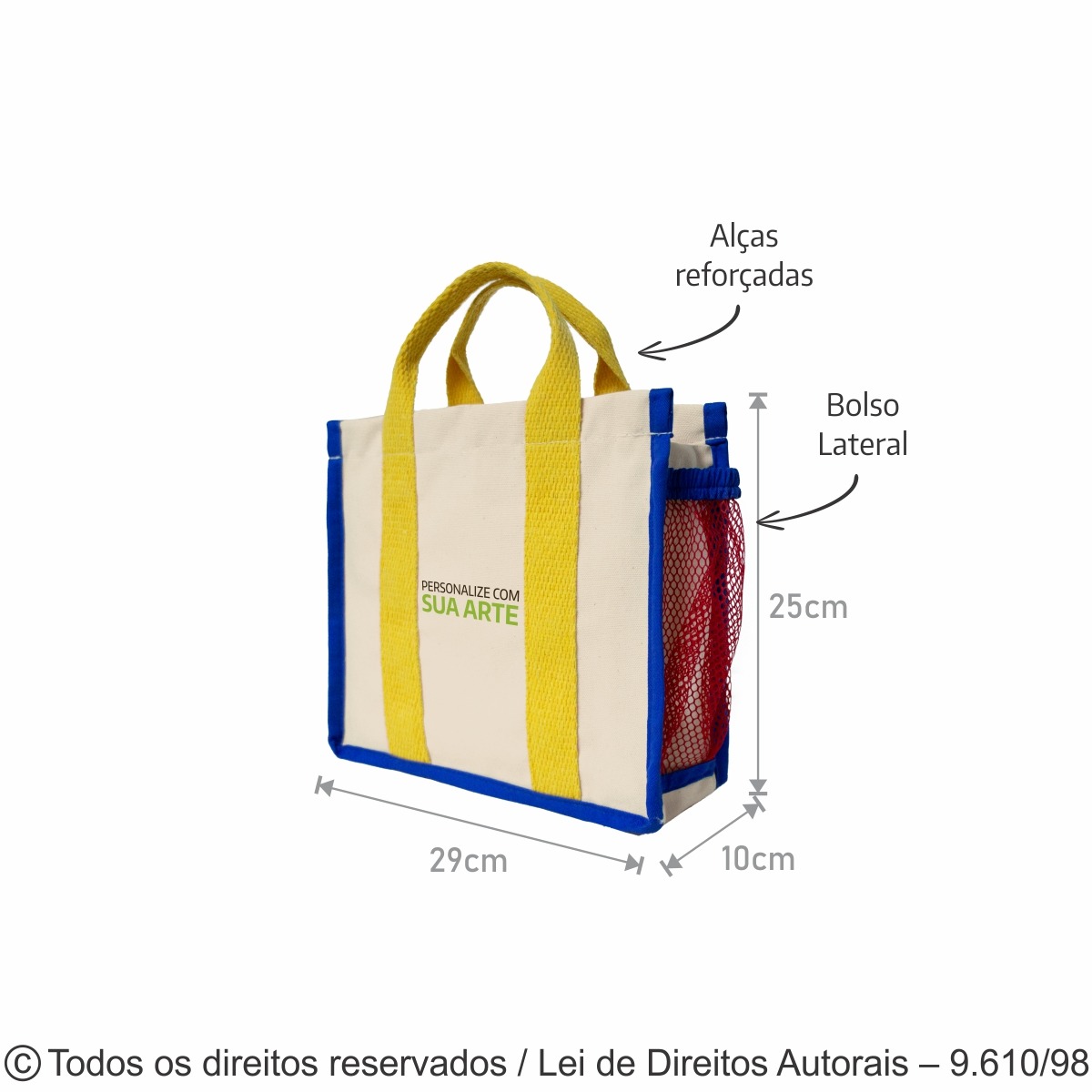 SM491 MINI ECOBAG DE LONA 240G 27X25X10CM NATURAL COM AZUL ROYAL E AMARELO