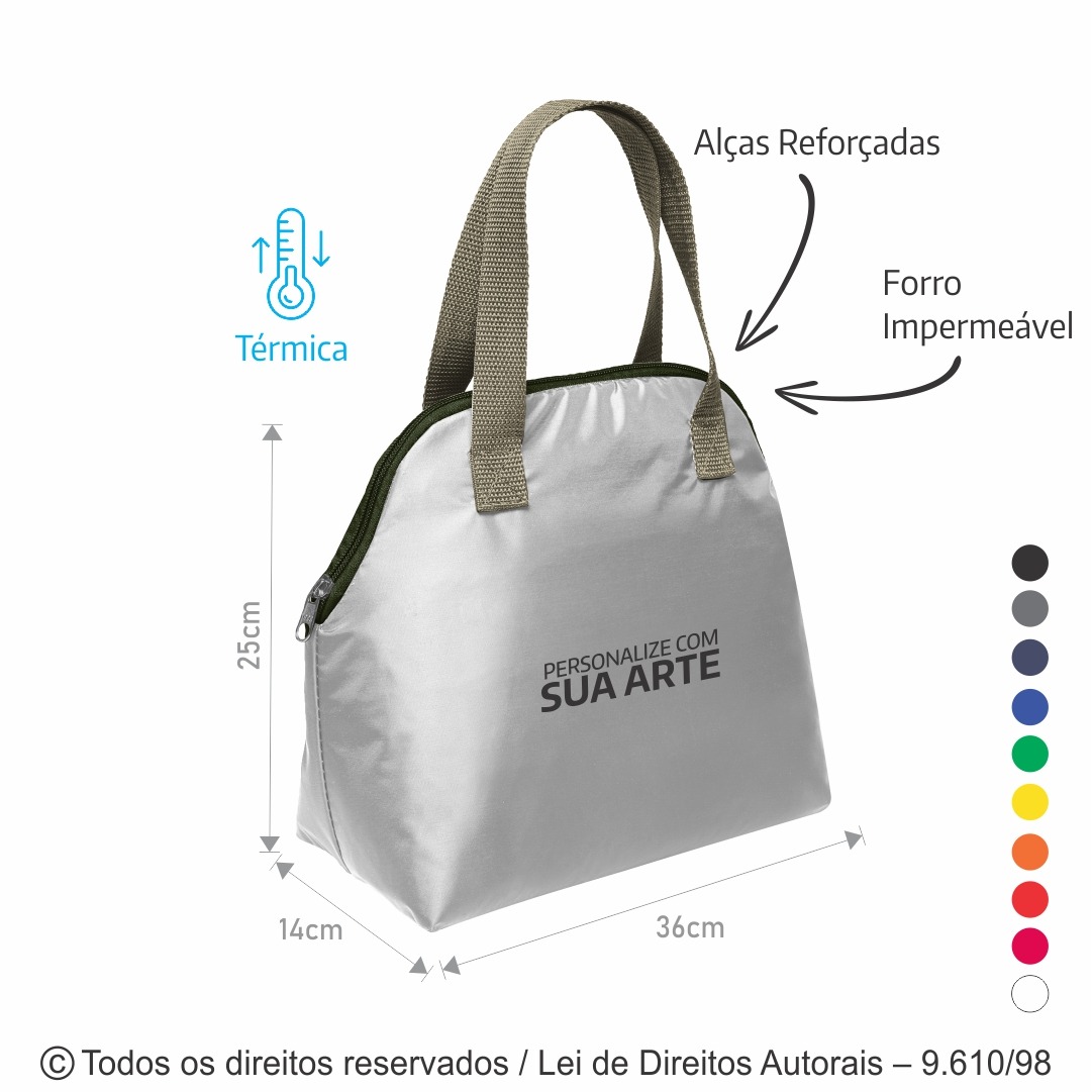 135N SACOLA TERMICA 3,5 LITROS EM NYLON 70 RESINADO 36X25X14CM BRANCO COM RAMI E VERDE MILITAR