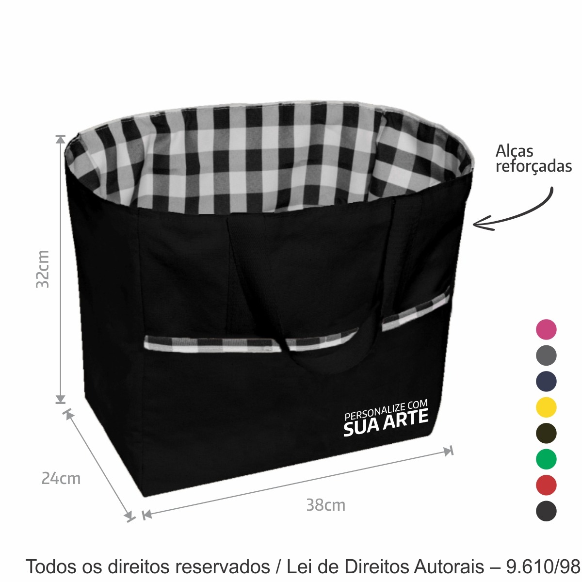 152LC BOLSA DE PIQUENIQUE LONA 240G 37X32X24CM PRETO COM XADREZ PRETO
