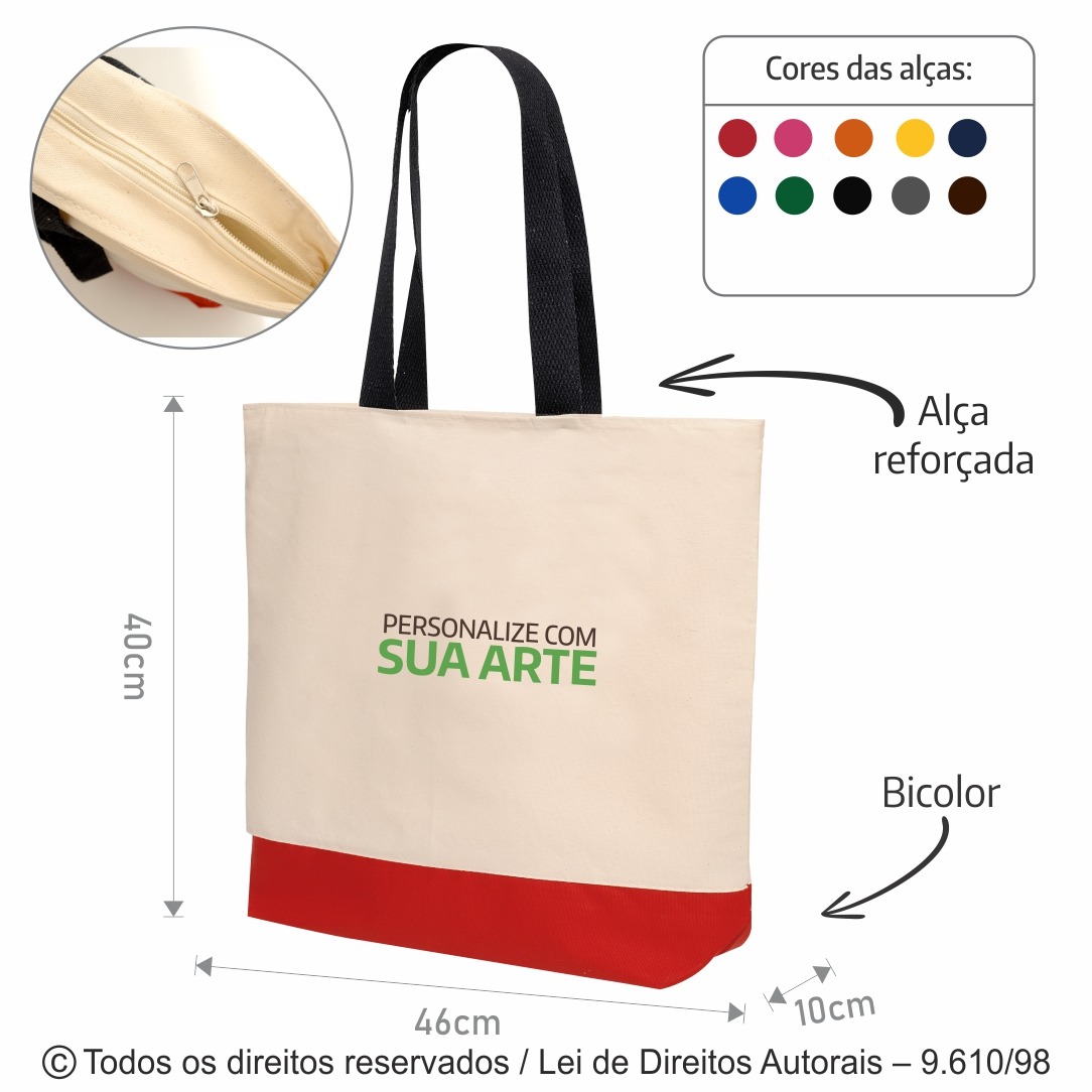 53LFC SACOLA DE LONA 240G 46X40X10CM NATURAL COM PRETO COM VERMELHO
