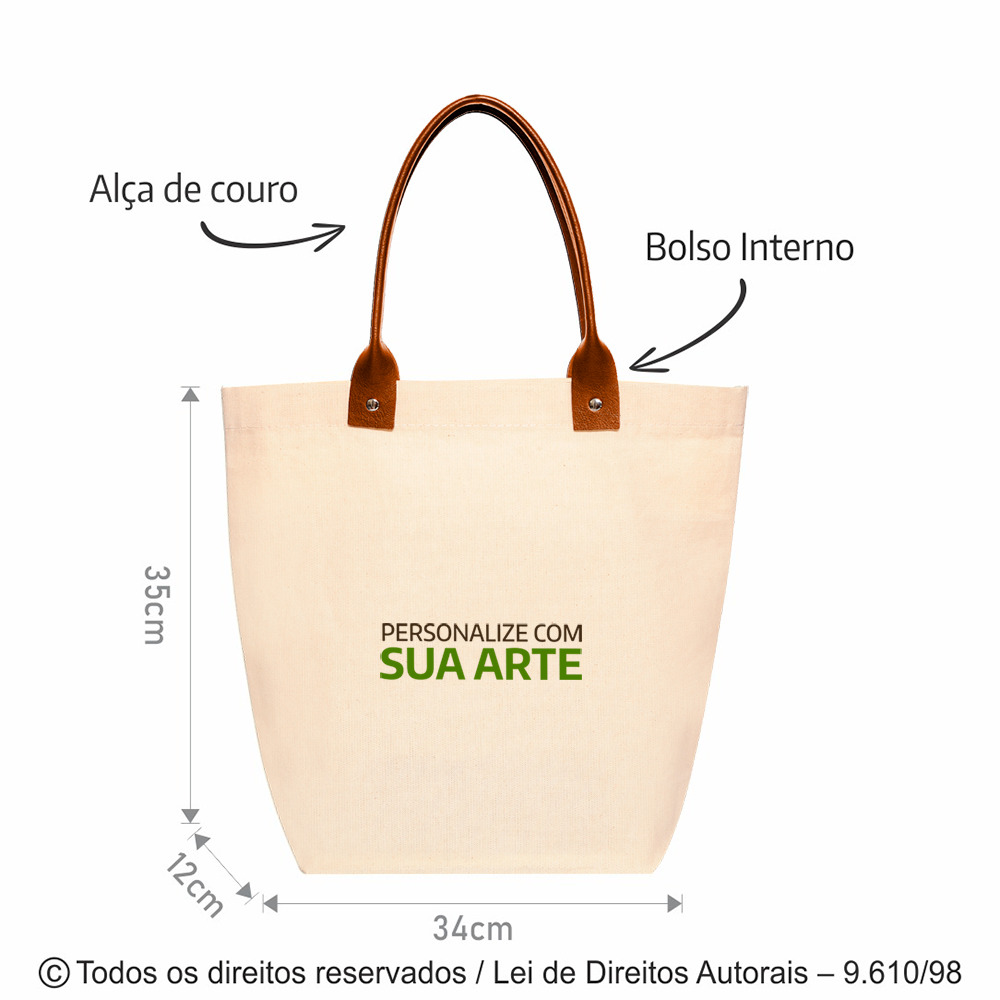 188LB SACOLA DE LONA ALCA DE CORINO 35X34X12CM NATURAL COM CARAMELO