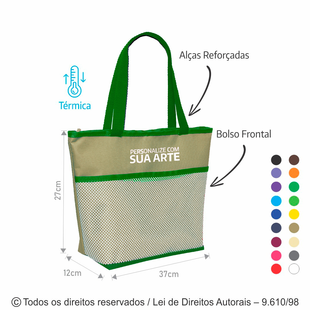 217N BOLSA TERMICA 6 LITROS EM NYLON 600G 37X27X12CM BEGE COM VERDE BANDEIRA
