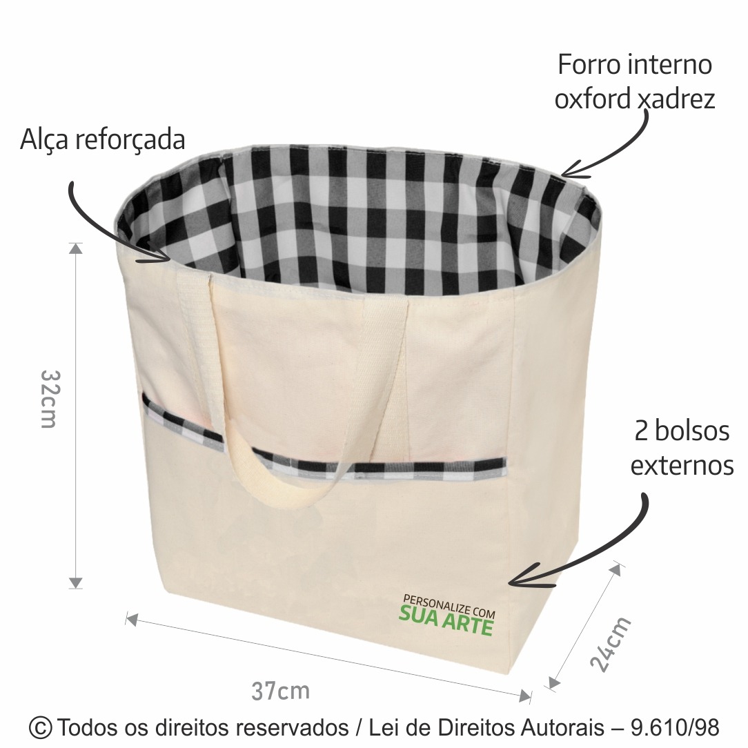 152L BOLSA DE PIQUENIQUE LONA 240G 37X32X24CM NATURAL COM XADREZ PRETO