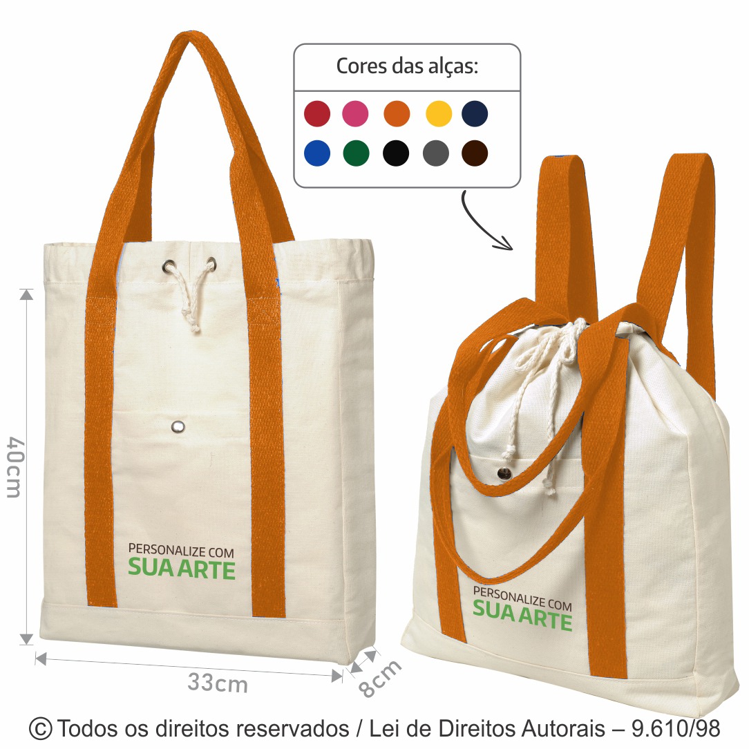 40LFC BOLSA MOCHILA 2 EM 1 EM LONA 240G 33X40X8CM NATURAL COM LARANJA