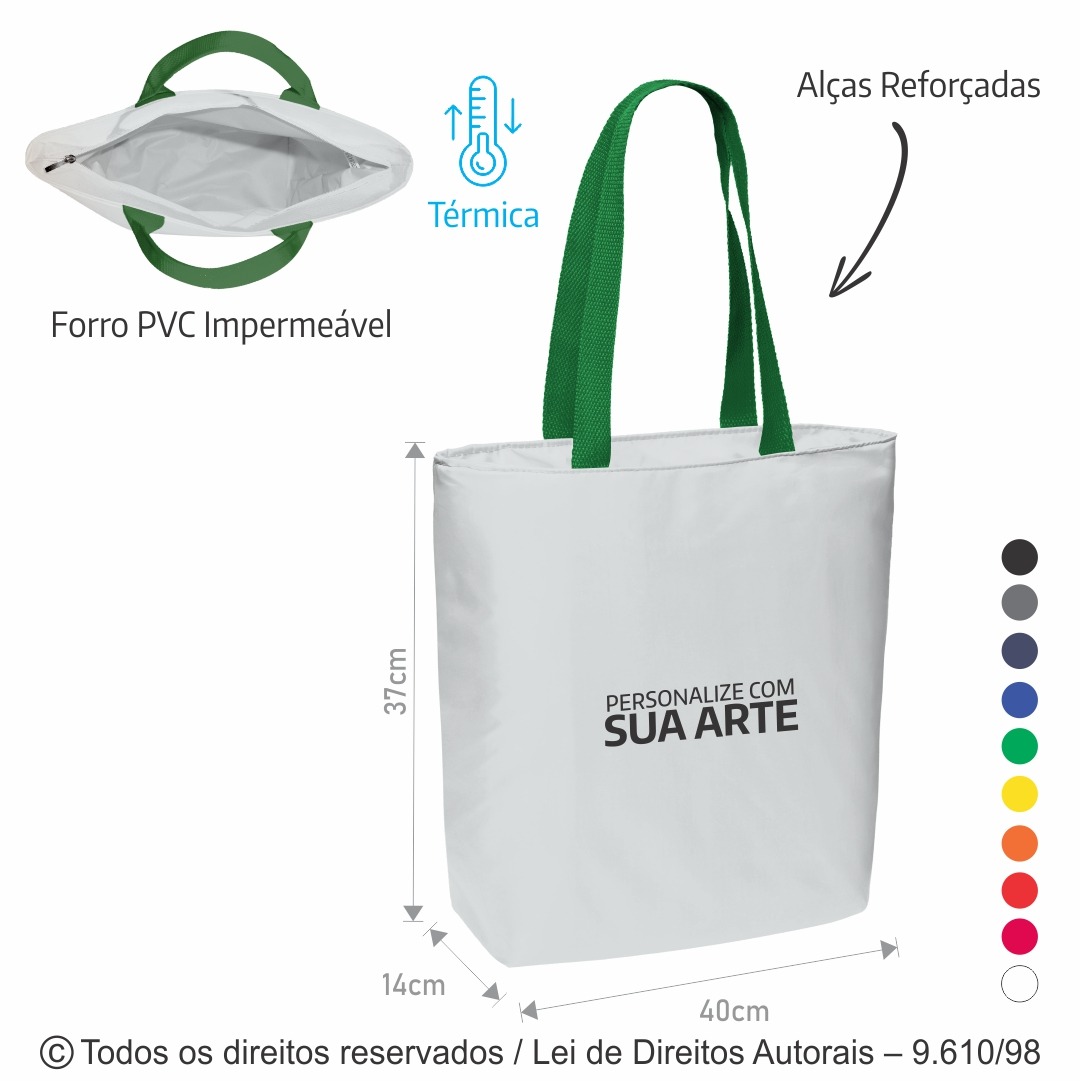 128N SACOLA TERMICA 10 LITROS EM NYLON 70 RESINADO 40X37X14CM  BRANCO COM VERDE BANDEIRA